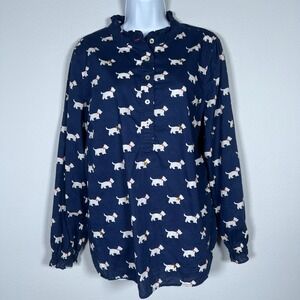 Talbots Womens Blouse Sz L Novelty Dog Print Terriers Blue White Sequins Preppy
